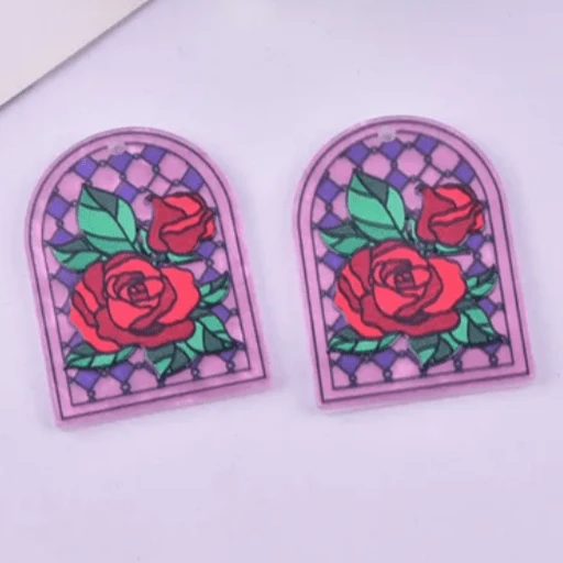 28*40mm Red Roses on Pink Checkered Stain Glass Acrylic Gem, Sew on, Large Acrylic Resin Gem (Sold in Pair) Resin Gems