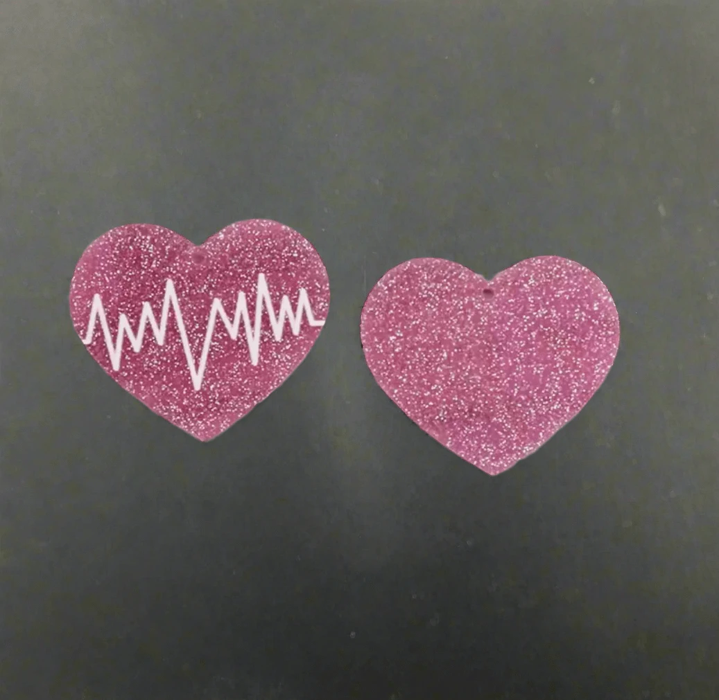 29*33 mm Pink Glitter Beat on Heart, Glue on, Resin Gem (Sold In Pair) Resin Gems