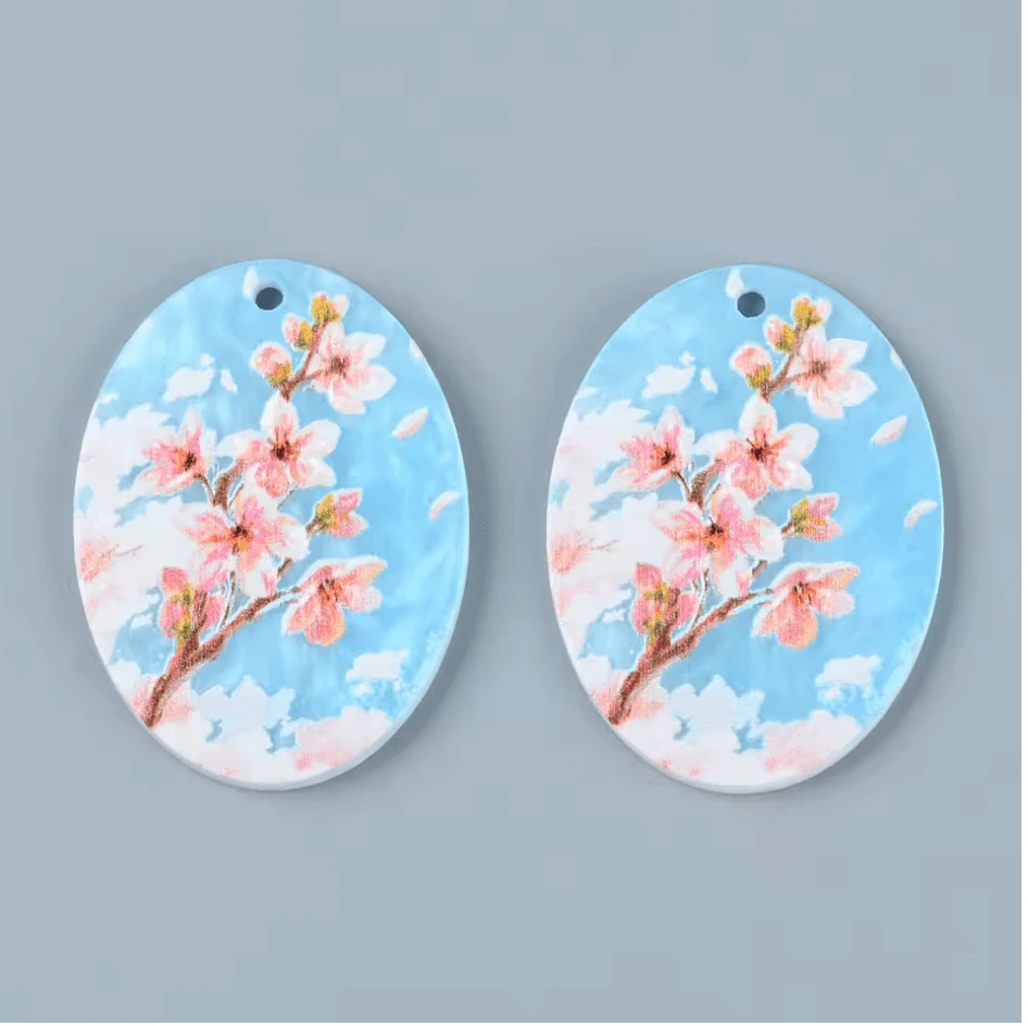 29*38mm Pink Cherry Blossoms on BlueAcrylic, One hole, Resin gem (Sold in Pair) Resin gems