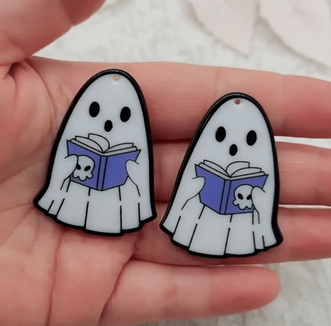 Book Worm Ghost 29*40mm Ghost Party Gems, Double Sided One Hole, Acrylic Charm Resin Gems (Sold in pair) Resin Gems