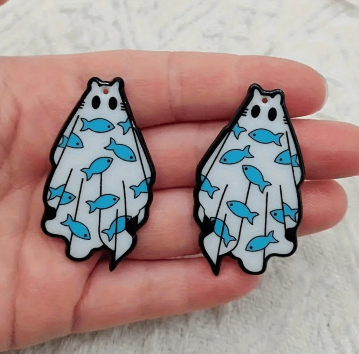 29*40mm Swims with Fishes Ghost Party Double Sided One Hole Charm, Glue on, Resin Gem, (Sold in Pair)