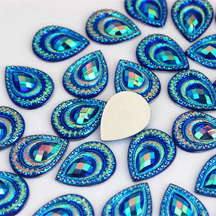 13*18mm Blue AB Peacock AB Mini Teardrop, Sew On, Resin Gem, (Sold in Pair) Resin Gems
