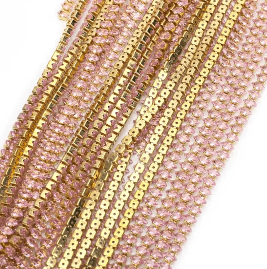 3*6mm Pink DIAMOND STONE with Gold Rhinestone High Quaility Metal Chain, Sold in 20" *RARE* Promotions