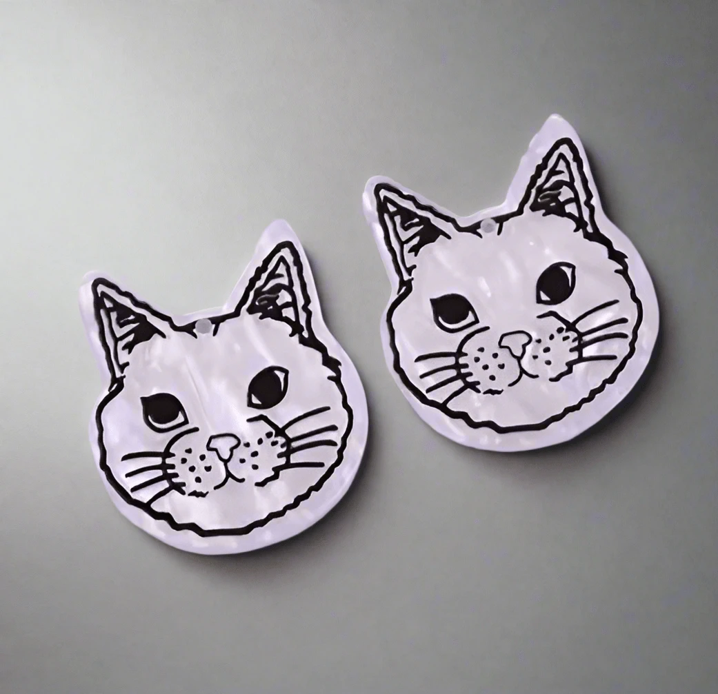 34*38mm "Meow" White Marble Cat Acrylic Shaped Gem. One hole, Resin Gems (Sold in Pair) Resin Gems