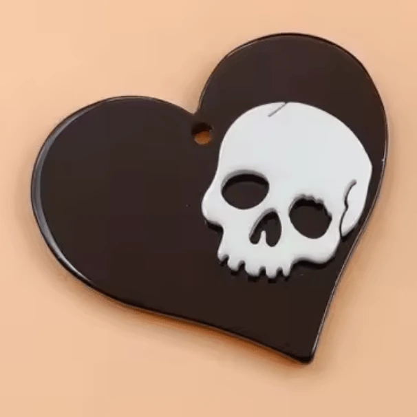 34mm White Skull Black Heart Shape, Sew on, Resin Gem (Sold in Pair) Resin Gems