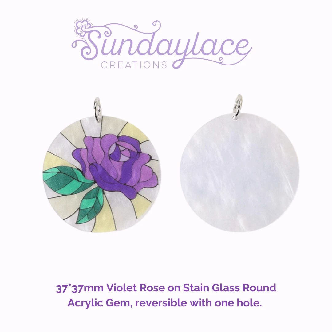 37*37mm Violet Rose on Stain Glass Round Acrylic Gem, reversible with one hole, Large Resin Gem, (Sold in pair) Resin Gems