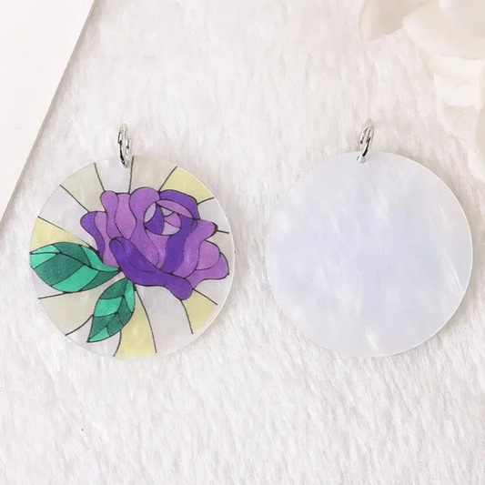 37*37mm Violet Rose on Stain Glass Round Acrylic Gem, reversible with one hole, Large Resin Gem, (Sold in pair) Resin Gems
