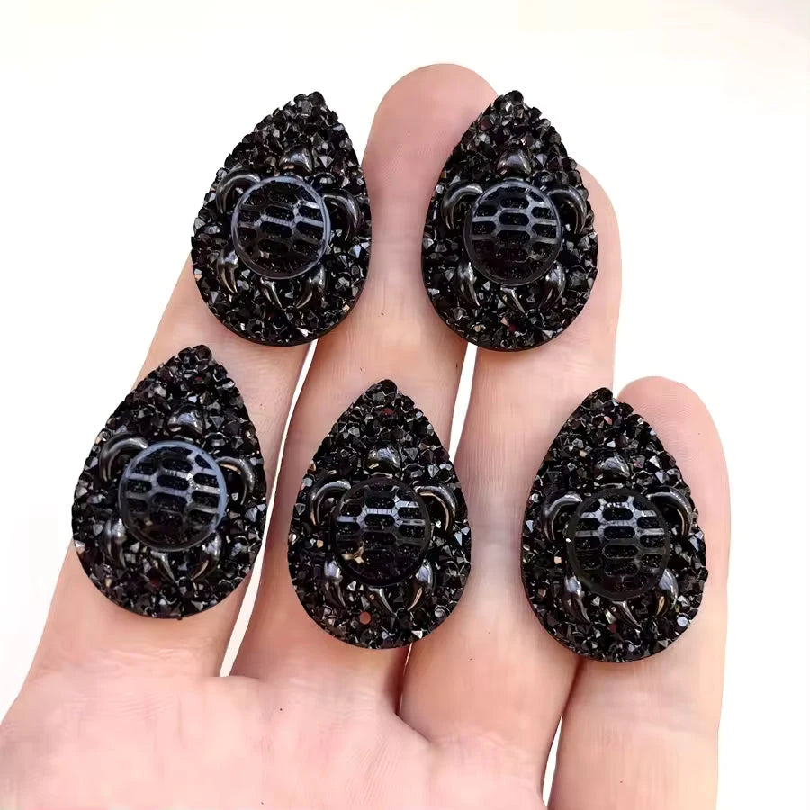 25mm Black Turtle Design, Teardrop Shaped, Sew On, Resin Gems (Sold in Pair) Resin Gems