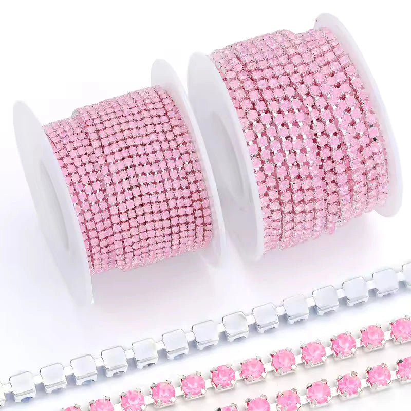Ss6 Opal Pastel Pink Stone on Silver Coloured Metal Rhinestone Chain SS6 Metal Rhinestone Chain