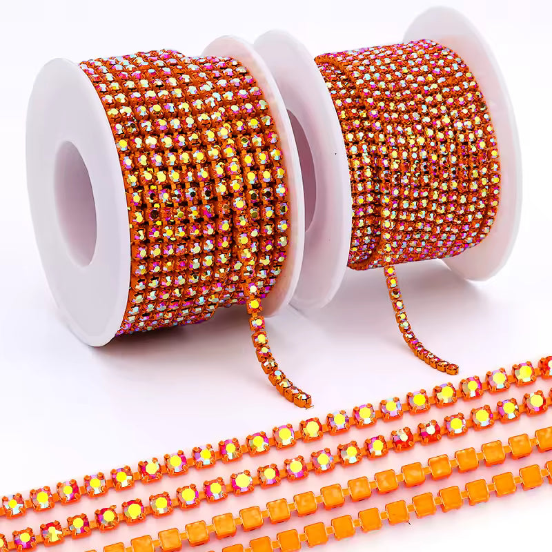 Ss6 Brunt Orange AB Colour on Orange Colour Rhinestone Metal Chain (Sold in Yard) Sundaylace Creations & Bling