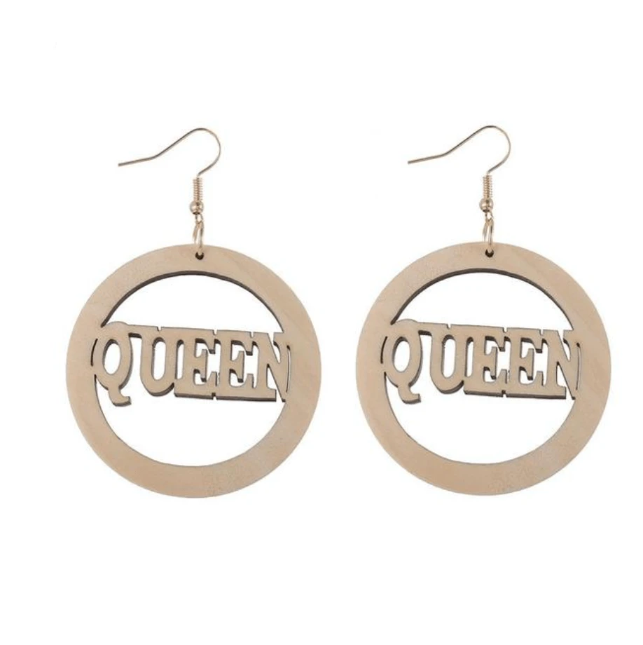 50mm "QUEEN" Natural Wooden Cut out Earrings Basics Beadwork by Sundaylace Creations