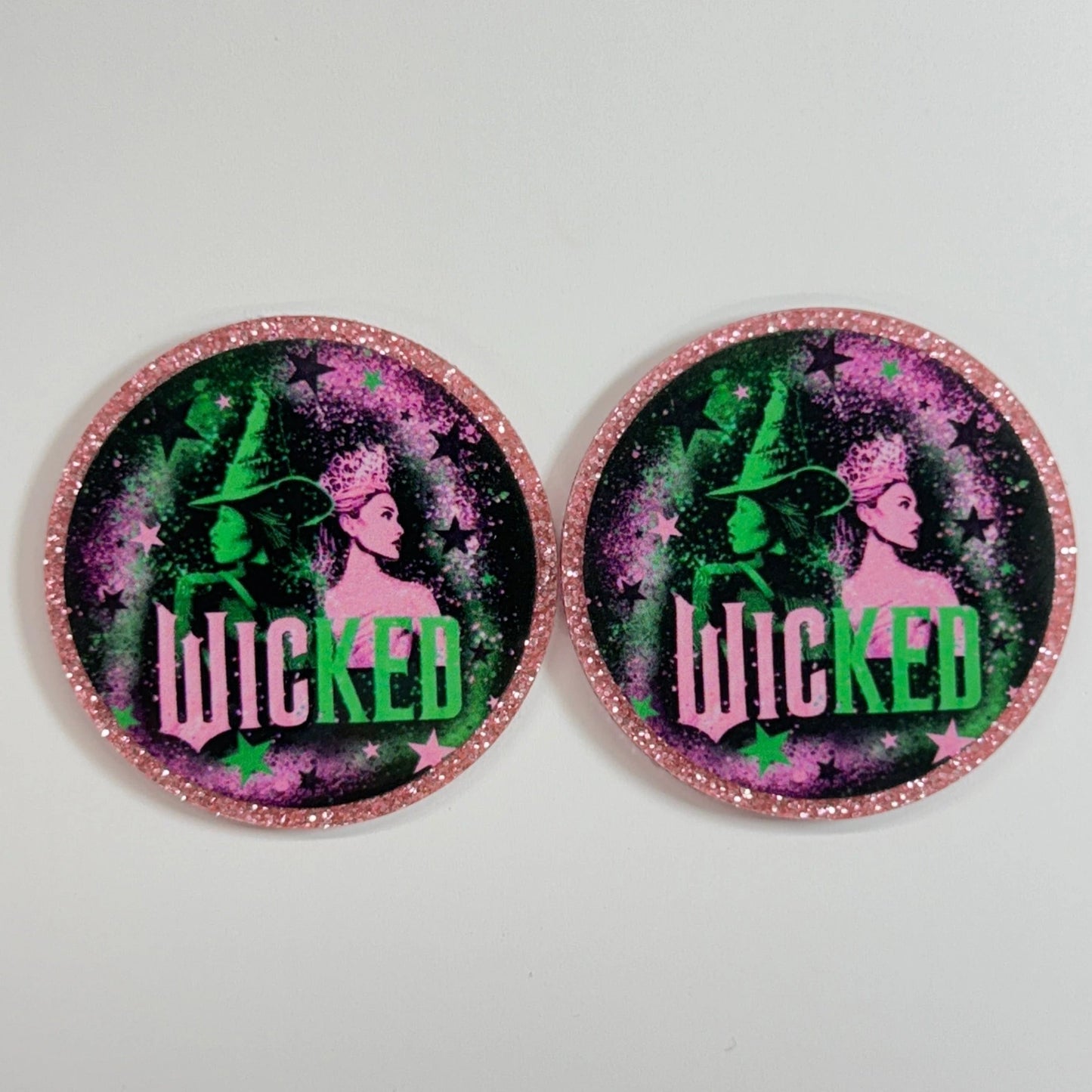 Wicked Circle 50mm "Wicked" Pink and Green Witch Themed , Glue on, Resin Gem (Sold In Pair) Resin Gems