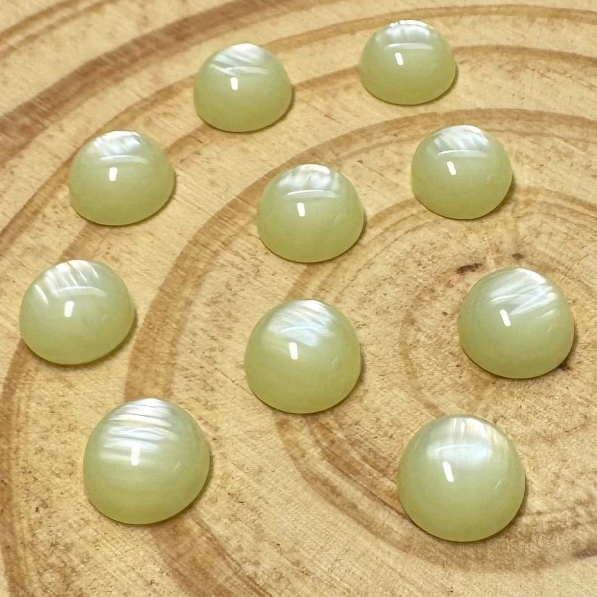 10mm Pale Lime Cat’s Eye Round, Glue On, Resin Gem, (Sold in Pair) Sundaylace Creations & Bling