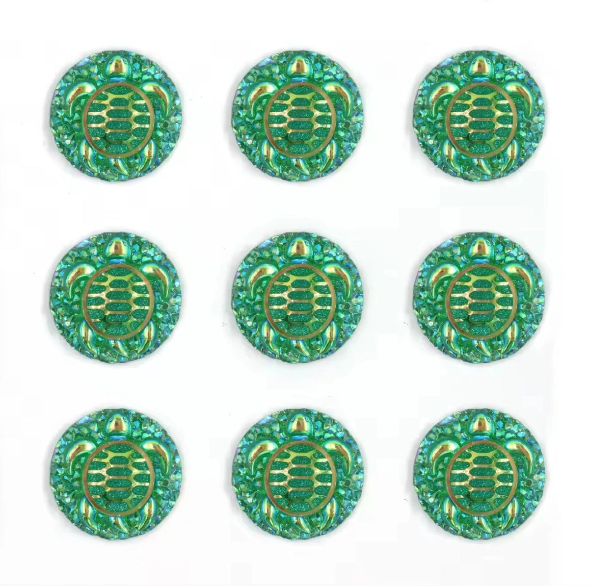 25mm Green AB Swimming Turtle with textured background, Sew on, Resin Gems (Sold in Pair) Resin Gems