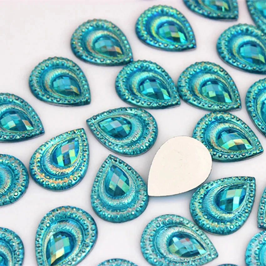 13*18mm Aqua AB Peacock AB Mini Teardrop, Sew On, Resin Gem, (Sold in Pair) Resin Gems