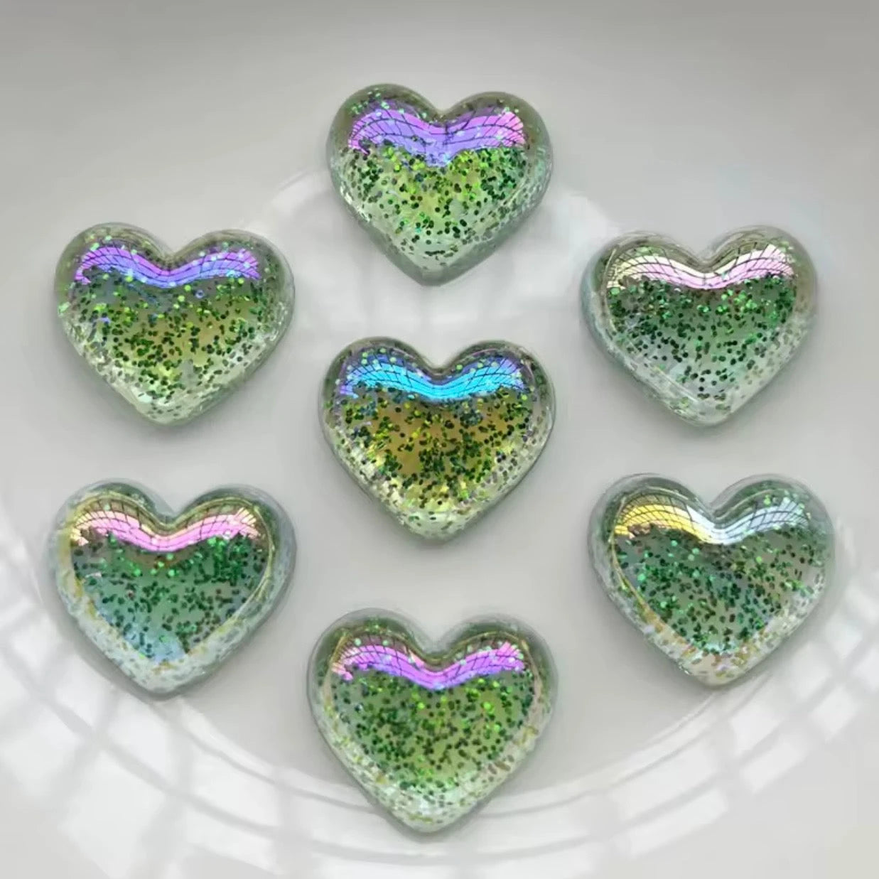 20mm Lime Sparkle Heart, Glue on, Resin Gem (Sold in Pairs) Resin Gems