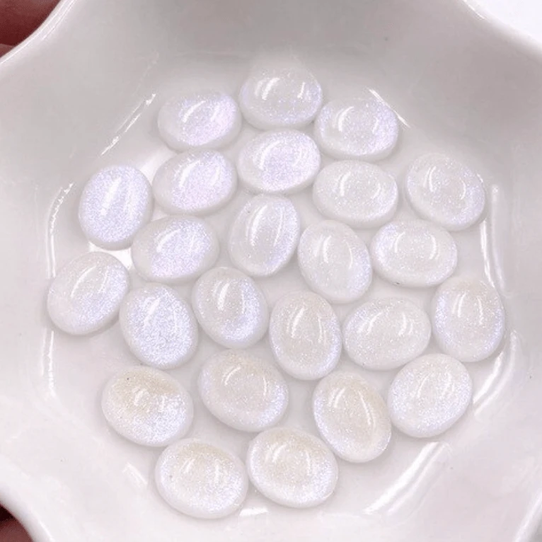 White Glitter Oval 8*10mm Cat Eye Glitter Oval, Glue on, Resin Gem (Sold in Pair) Resin Gems