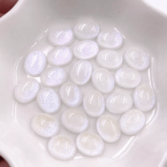 White Glitter Oval 8*10mm Cat Eye Glitter Oval, Glue on, Resin Gem (Sold in Pair) Resin Gems