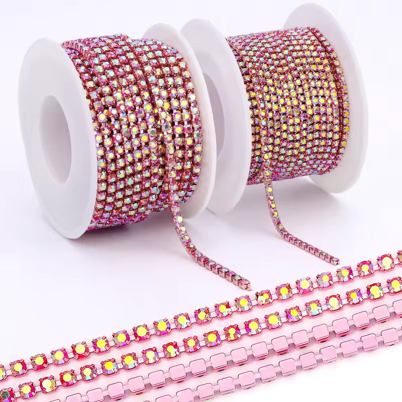 Ss12 Bubblegum Pink AB on Pink Colour Rhinestone Metal Chain (Sold in Yard) Sundaylace Creations & Bling