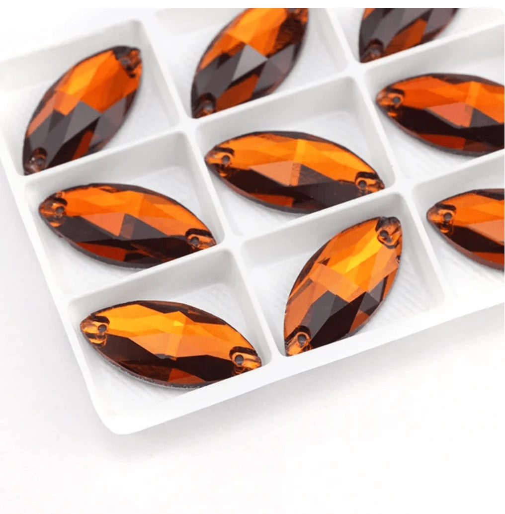 9*18mm Tea Topaz Brown Navette, Sew on Glass Gems (Sold in Pair) Glass Gems