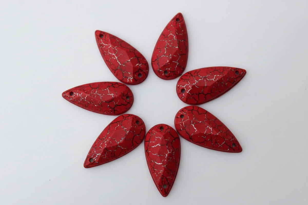 9*19mm Red Cracked Matte Chalk Textu Long Teardrop, Sew On, Resin Gem, (Sold in Pair) Resin Gems