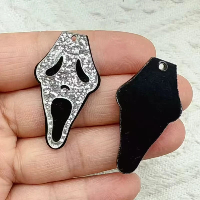 23*40mm Ghost Face Silver Glitter & Black, Glue on, Resin Gem (Sold In Pair) Resin Gems