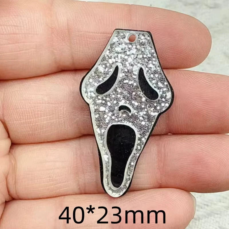 23*40mm Ghost Face Silver Glitter & Black, Glue on, Resin Gem (Sold In Pair) Resin Gems