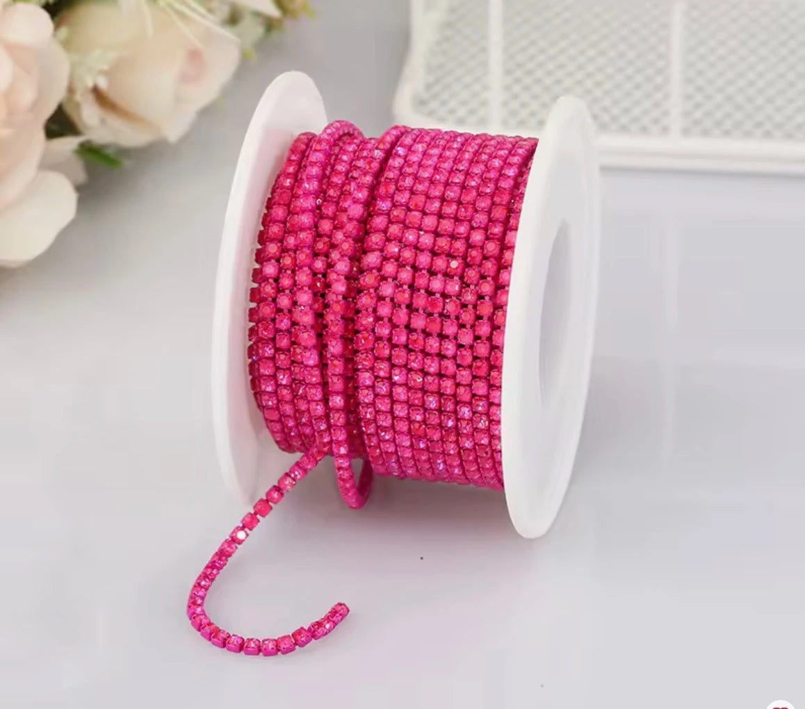 Ss6 Opal AB Hot Pink Stone on Magenta Coloured Metal Rhinestone Chain Metal Rhinestone Chain