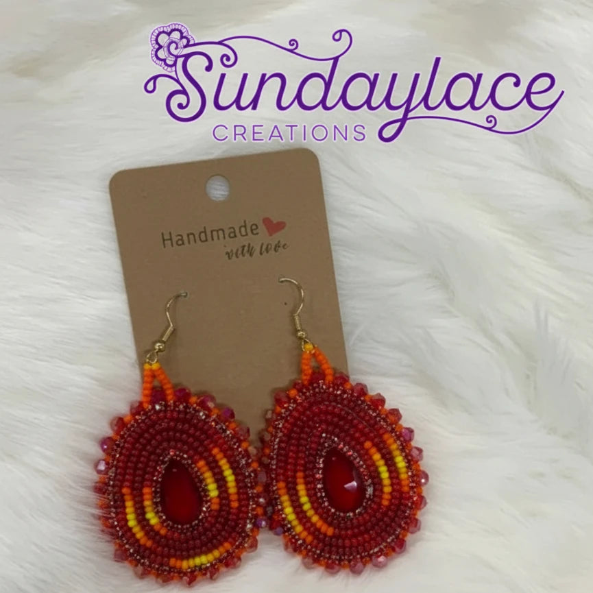 45mm Flame Fire Coloured Red Beauties on Hooks, Beaded Earring - Sold by Sundaylace Creations Beadwork