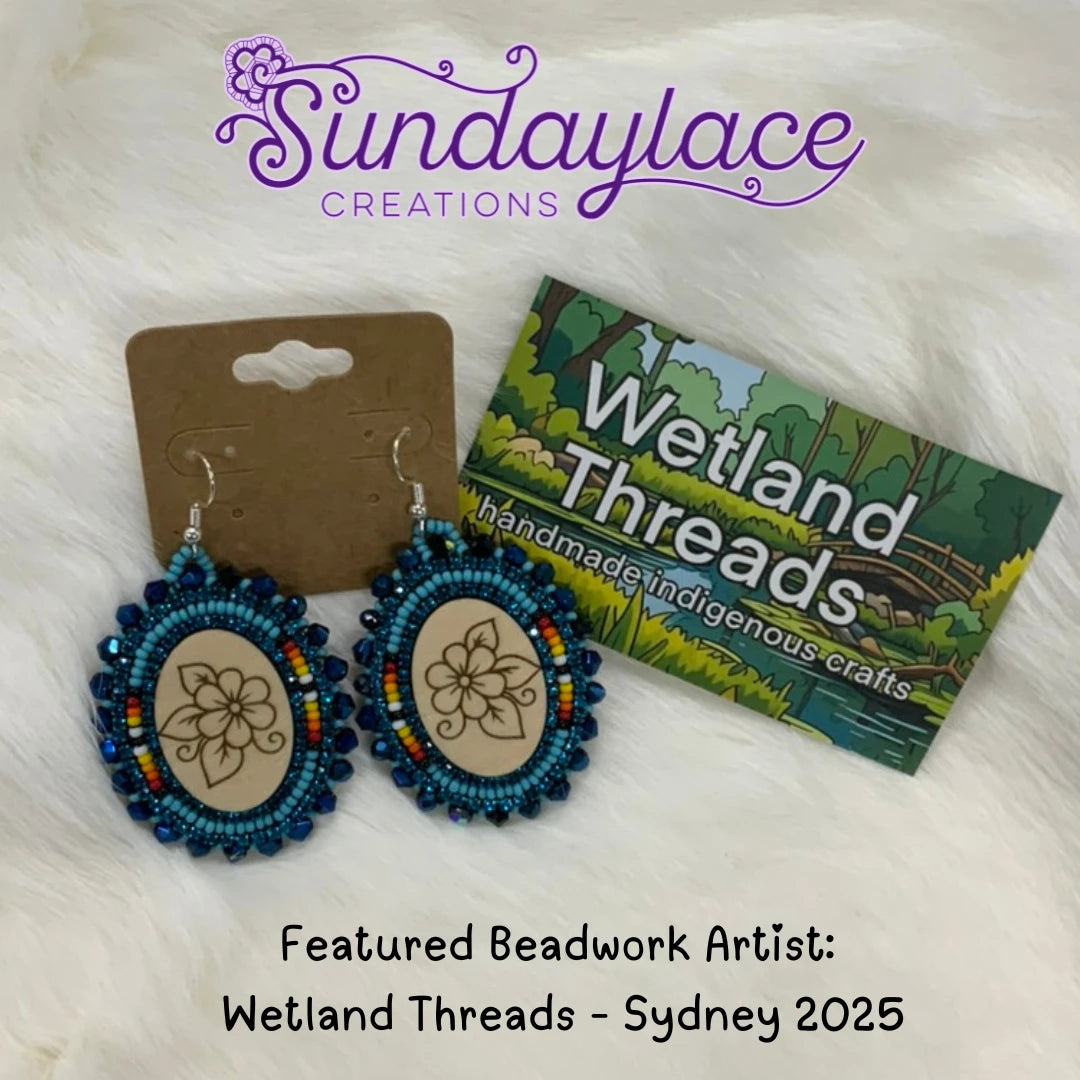 Dark Blue with Wooden Floral Cab Beauties on Hooks, Beaded Earring, Beadwork Beadwork