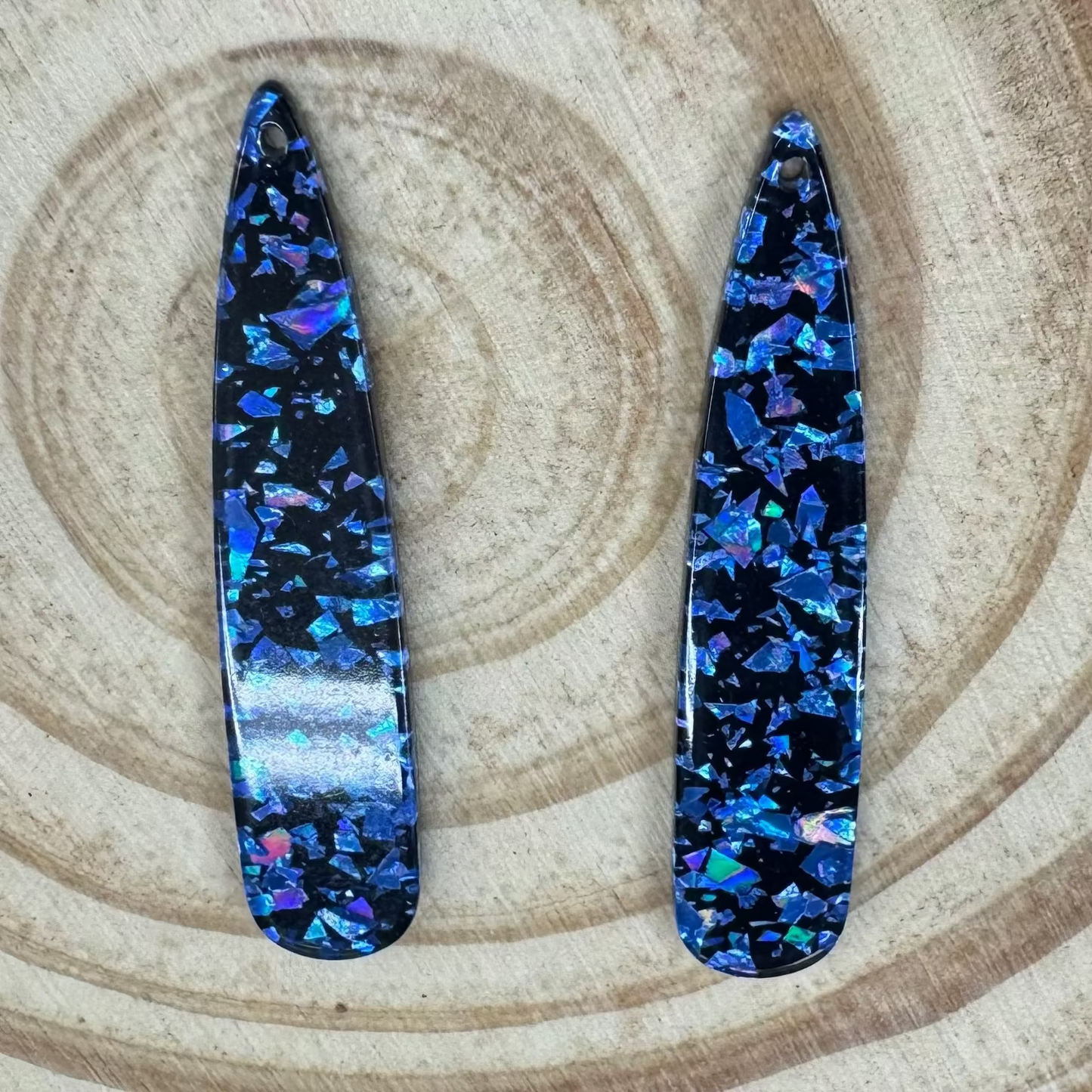11*55mm Blue Flakes Glitter Flakes on Black Long Teardrop Large One Hole, Sew On, Resin Gem, (Sold in Pair) Resin Gems