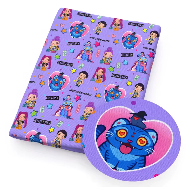 20*30cm Purple Cat with Huntrix Kpop Printed Faux Finish, Leatherette Sheet Leatherette