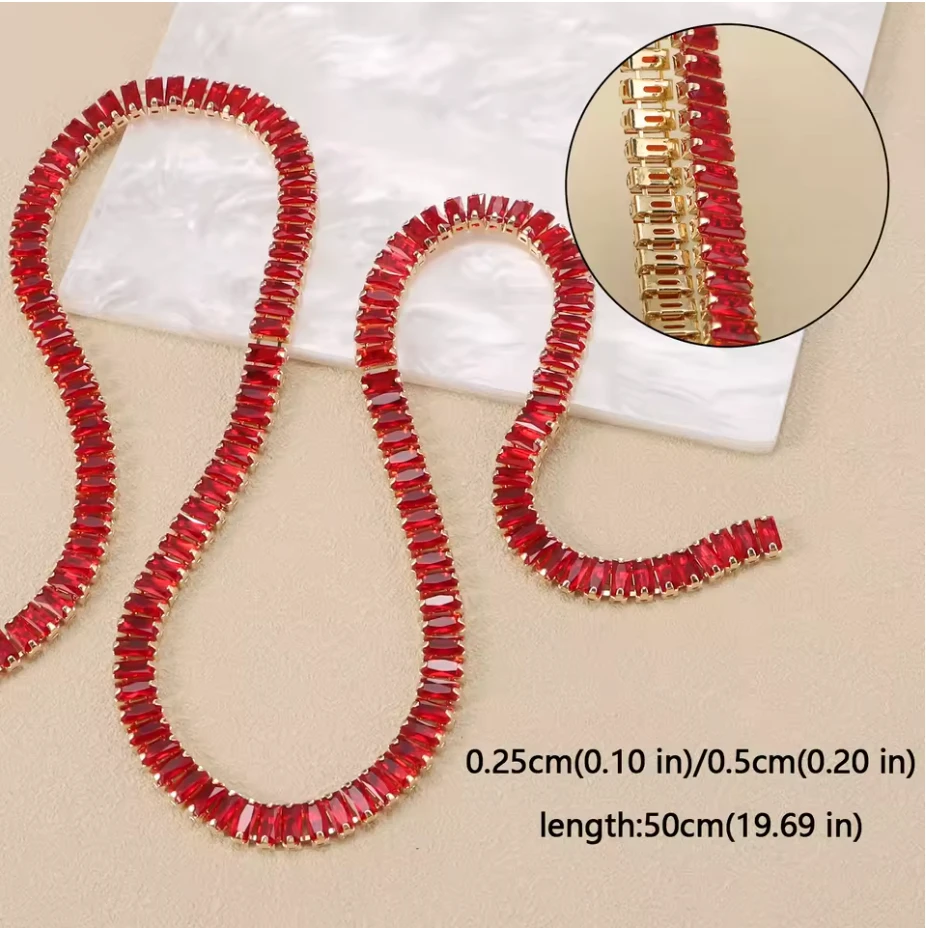 2.5*5mm Red RECTANGLE STONE with Gold Rhinestone Metal Chain, Sold in 18" *RARE* Sundaylace Creations & Bling
