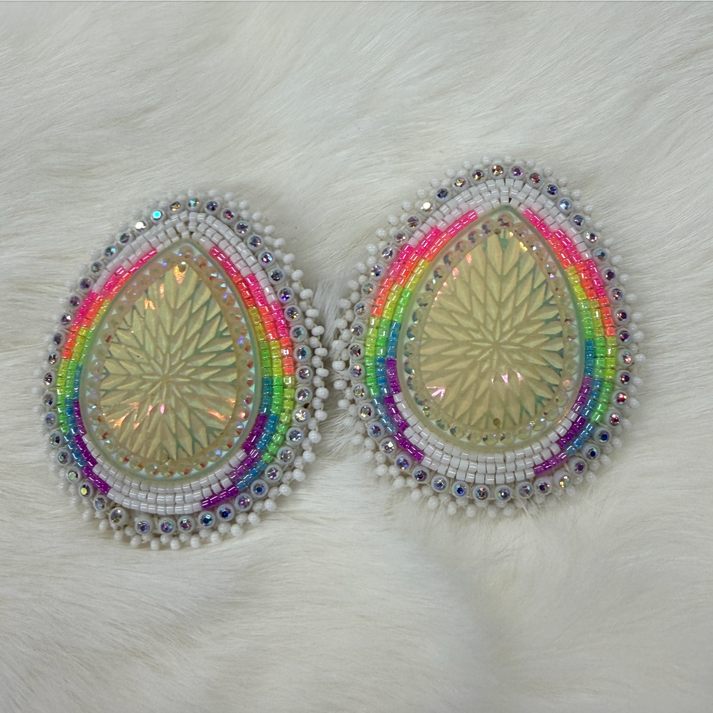 Neon Rainbow & White Large Teardrops Leverback, Beaded Earring, Beadwork Beadwork