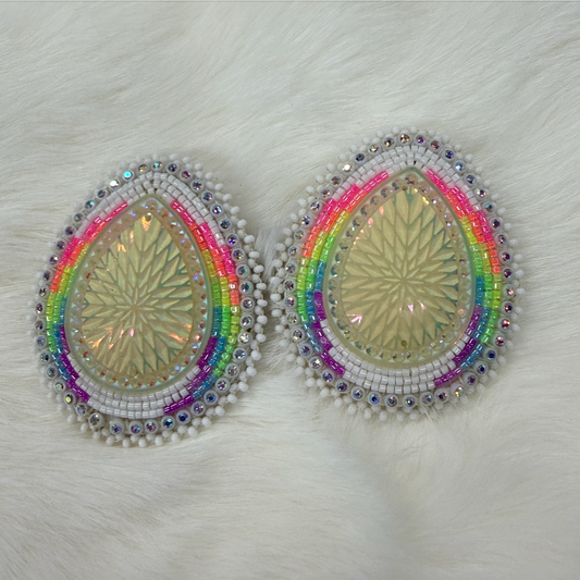 Neon Rainbow & White Large Teardrops Leverback, Beaded Earring, Beadwork Beadwork