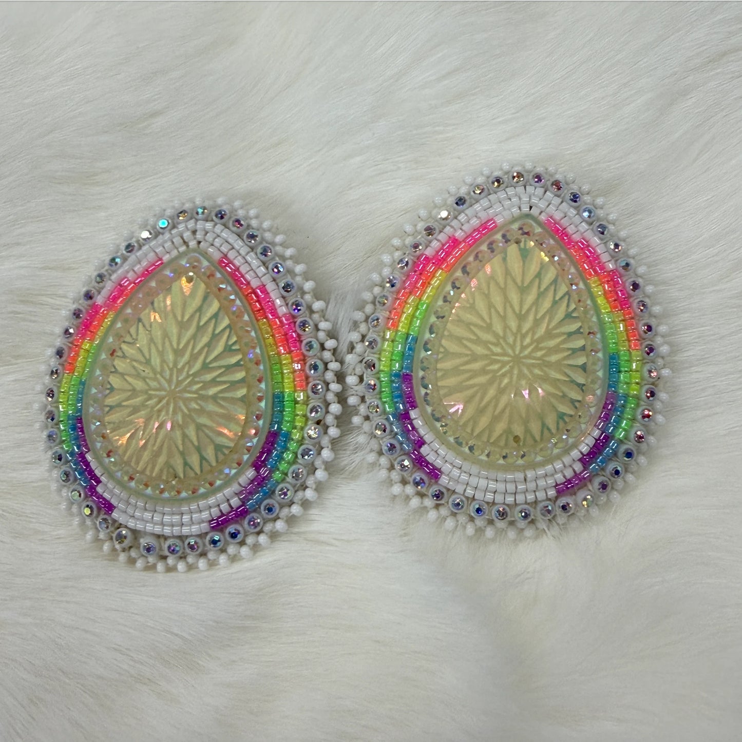 Neon Rainbow & White Large Teardrops Leverback, Beaded Earring, Beadwork Beadwork