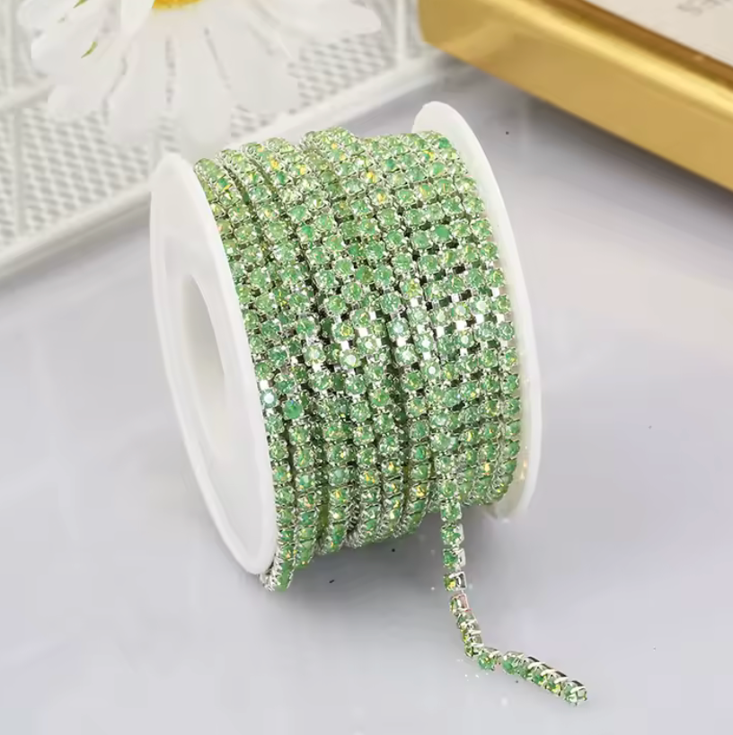 Ss6 Opal Lime Green Stone Flame on Silver Coloured Metal Rhinestone Chain Sundaylace Creations & Bling