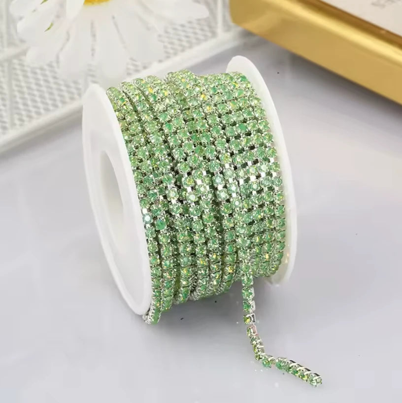 Ss6 Opal Lime Green Stone Flame on Silver Coloured Metal Rhinestone Chain Sundaylace Creations & Bling