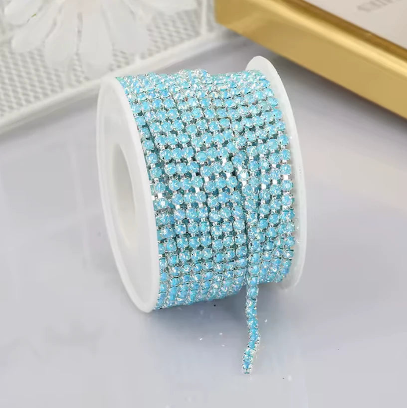 Ss6 Opal Sky Blue Stone Flame on Silver Coloured Metal Rhinestone Chain Sundaylace Creations & Bling