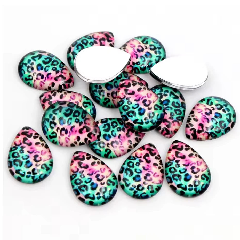 13*18mm Pink Teal Animal Print Teardrop, Glue on, Fancy Glass Resin Gem (Sold in Pair) Resin Gems