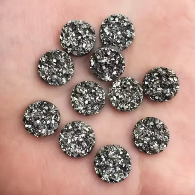 12mm-10mm Gunmetal Grey Textured Druzy Mixed Colours, Glue on, Resin Gem (Sold in Pair) Resin Gems