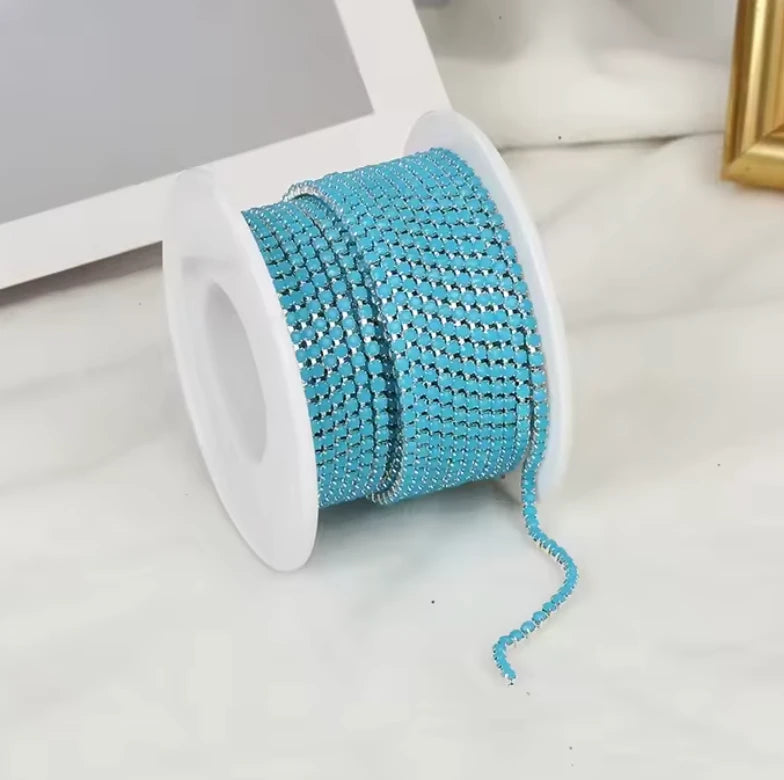 Ss6 Turquoise Blue Acrylic on Silver Rhinestone Metal Rope Chain, Sold in yard Sundaylace Creations & Bling