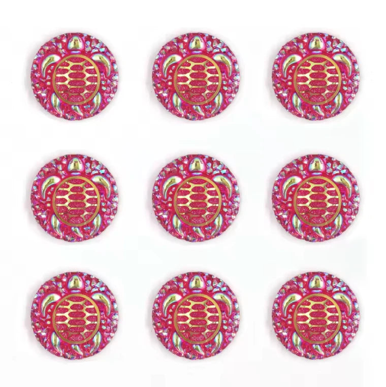 25mm Dark Pink AB Swimming Turtle with textured background, AB Circle, Sew on, Resin Gems (Sold in Pair) Resin Gems