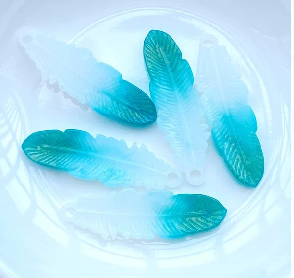 11*38mm Teal and White Ombre Feather, Sew on, Resin Gems (Sold in Pair) Resin Gems