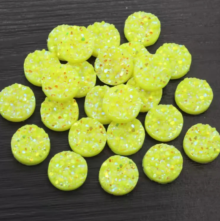 12mm Neon Yellow AB Druzy Textured Round, Glue on Gem, Resin Gem (Sold in Pair) Resin Gems