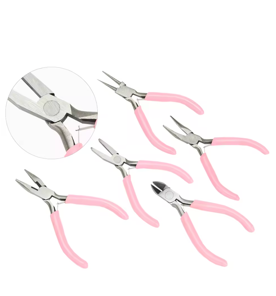 5Pcs - 4 Inch Pink Mini Metal Pliers Set Curved Straight Tip Plier, New Beader Basics Sundaylace Creations & Bling