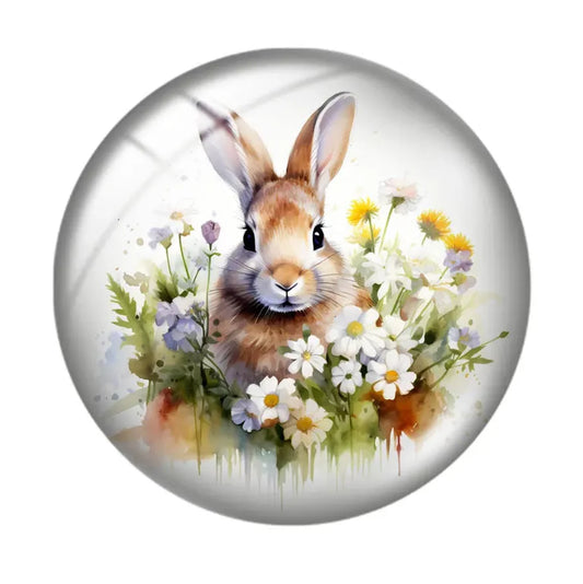 20mm "Bunny in Daisy Flowers" Cute Cartoon Printed Cab, Glue on, Resin Gems (Sold in pair) Sundaylace Creations & Bling