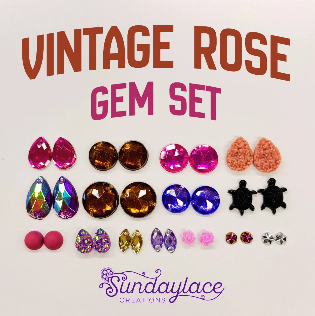 Aged Vintage Rose Pink (12 Pairs) Resin Gem Set, Promotions Sundaylace Creations & Bling
