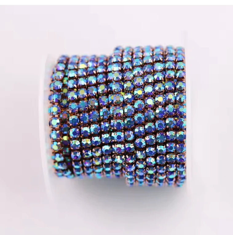 Ss6 Light Sappire Blue AB Rhinestone with Rose Gold/Champagne Dense Chain, Rhinestone Metal Chain Metal Rhinestone Chain