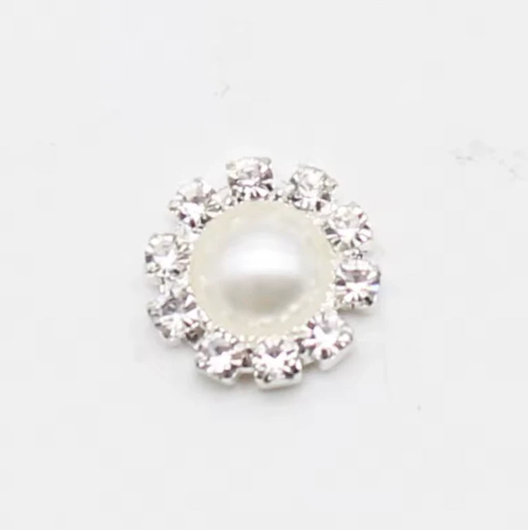 10mm White Pearl Rhinestone Framed Glue On Flat Back Gems (Sold in Pair) Resin Gems